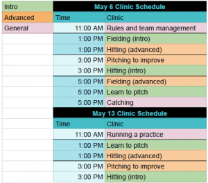 A chart with the skills clinic schedule.